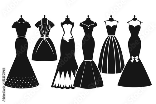 Elegant Dresses Silhouettes Fashionable Gowns Displayed on Mannequins and Hangers for Apparel Design
