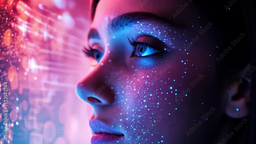 Close-up of one person's face, eye looking towards blue and red futuristic abstract background with bokeh and glowing dots.