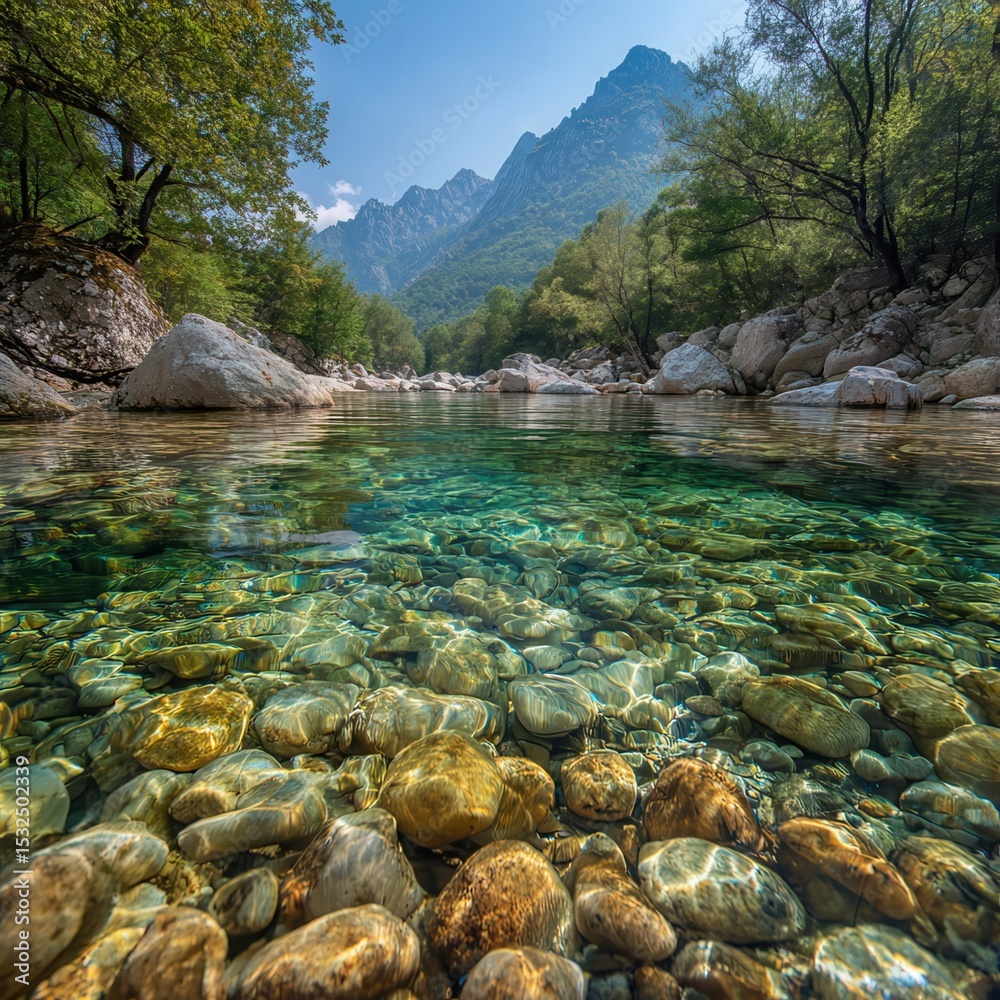 Clear River Water Flowing Over Smooth Stones in Mountain Valley. Clear River Water Flowing Over Smooth Stones in Mountain Valley.