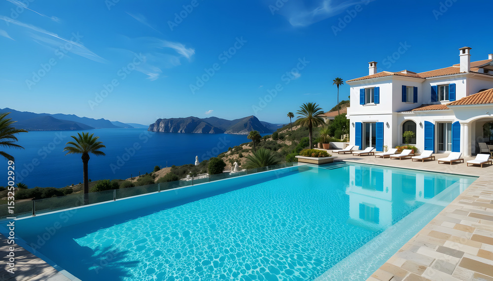 Fototapeta premium Luxurious white villa with infinity pool offering panoramic ocean views on a sunny day