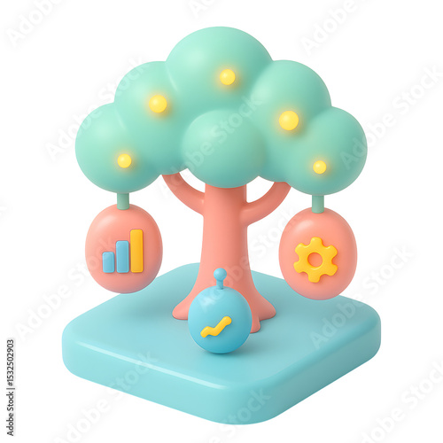Creative 3D Icon PNG Design of a Data Tree with Analytics Symbols for Business Visualization