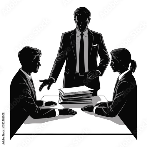 Black and white vector silhouette of a mentor coaching a junior employee at a desk in professional setting