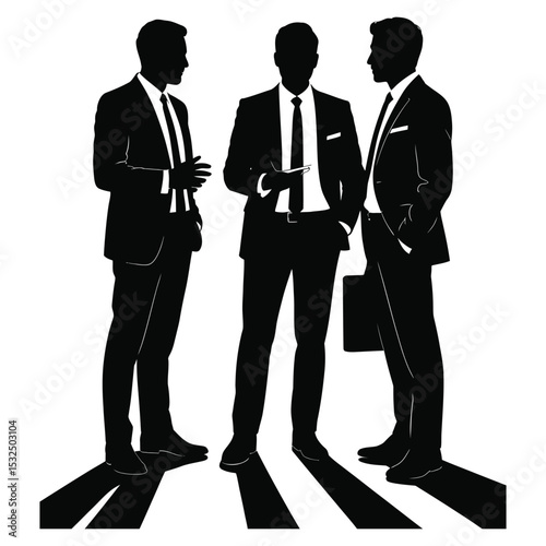Black and white vector silhouettes of business professionals exchanging ideas in conversation