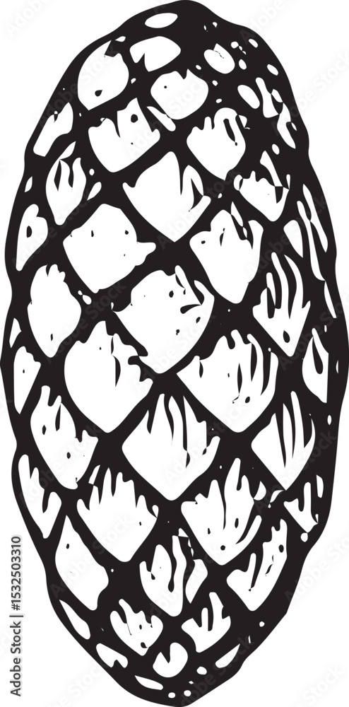 An intricately sketched pine cone in black-and-white, showcasing natural texture and organic shape. Perfect for holiday designs, rustic decor, and nature-themed projects, highlighting forest-inspired An intricately sketched pine cone in black-and-white, showcasing natural texture and organic shape. Perfect for holiday designs, rustic decor, and nature-themed projects, highlighting forest-inspired