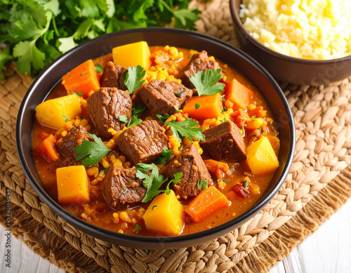 Fresh seswaa stew with beef chunks served on a woven mat alongside traditional maize porridge.