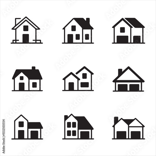 Collection of House Icons in Black and White for Real Estate