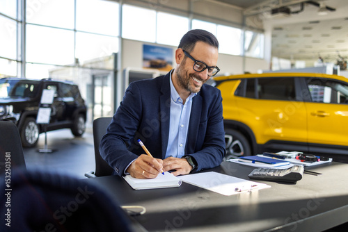 Male car salesman in a formal suit sitting at a desk in a bright, modern dealership showroom, signing a contract and preparing to finalize the sale of a new car to a customer.