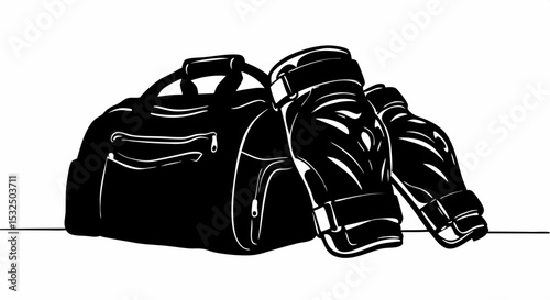 Knee pads beside sports bag in black and white style