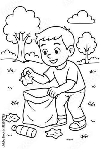Boy Picking Up Trash in the Park - Environmental Responsibility Line Art for Coloring and Learning