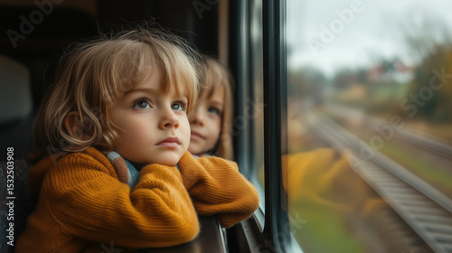 children looking out a train window while traveling with family through a scenic rural area