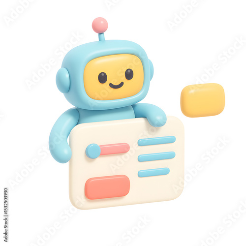 Engaging Robot Icon, Digital Interface, Modern Workspace, 3D PNG Design, Playful Environment, Close-Up View