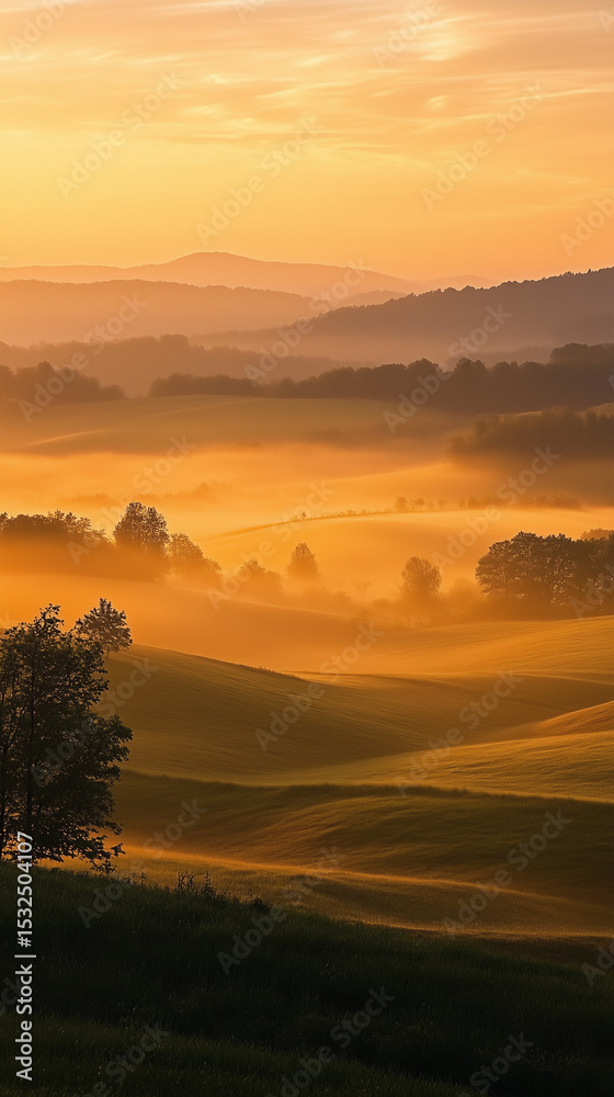 Obraz premium Summer sunrise over rolling hills, soft mist and golden-orange sky tones