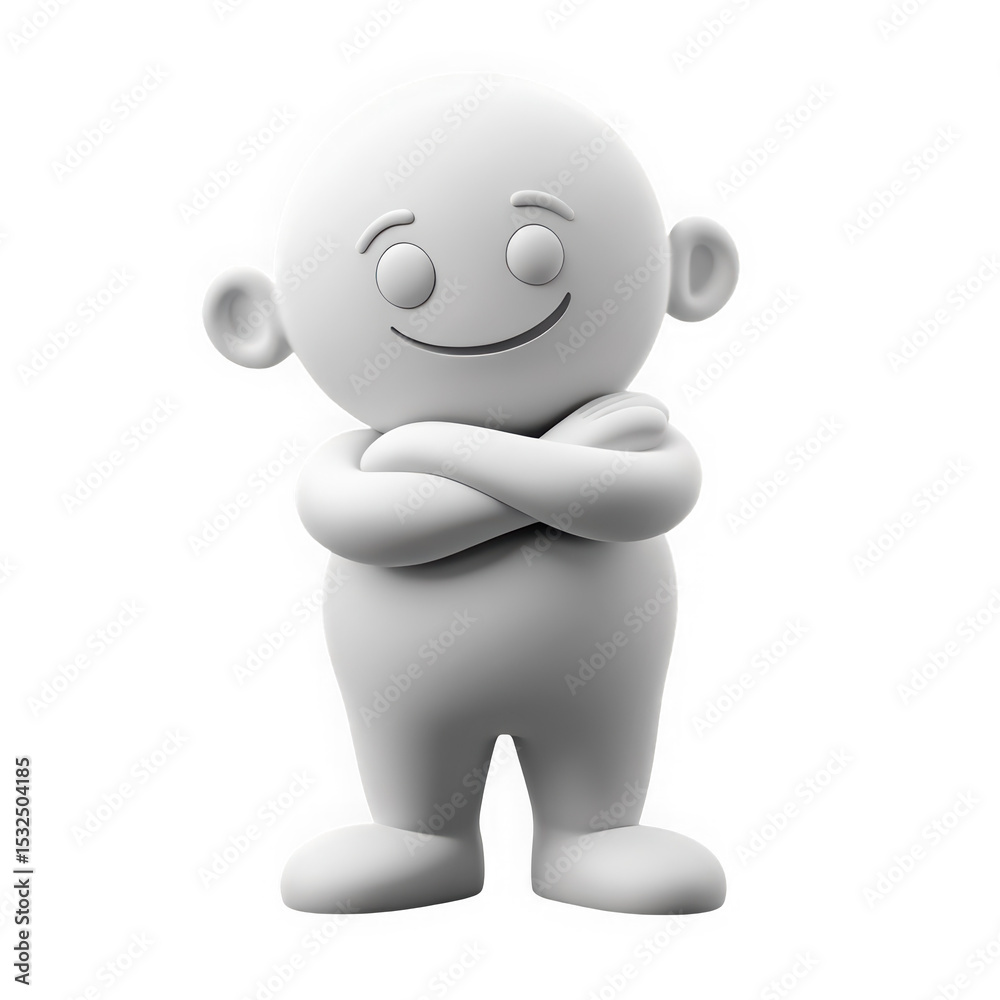 Fototapeta premium White cartoon character with arms crossed confident pose on black background on transparent background