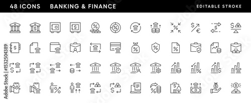 Banking icon collection. Financial services line icon set. Bank building, payment, loan, income, invoice, banknote, money flow and more. Editable stroke. Pixel Perfect. Grid base 32 x 32.