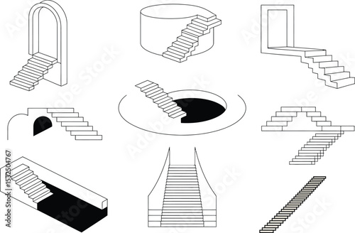 A collection of surreal isometric drawings of staircases leading to various destinations