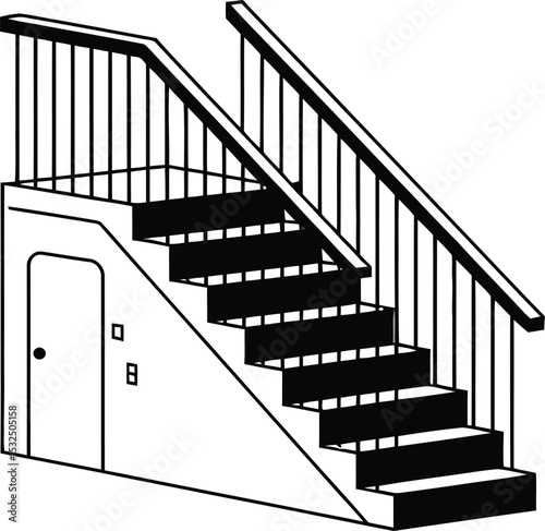 A black and white illustration of a staircase with a door underneath