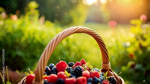 Wicker basket filled with mixed berries, raspberries, blueberries, blackberries in garden setting with greenery, sunshine
