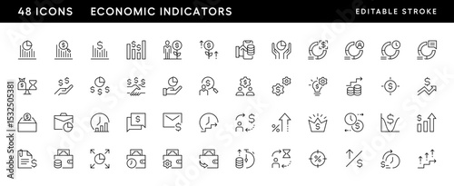 Economic indicators line icon collection. Financial statement, growth, budget report, money flow, equity, return of investment, profit and more. Editable stroke. Pixel Perfect. Grid base 32 x 32.