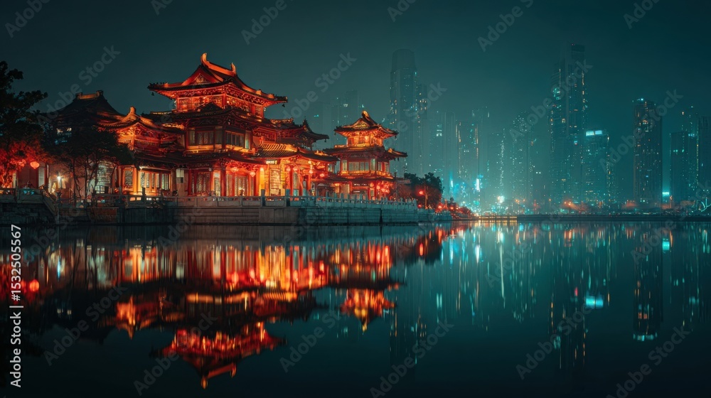 Obraz premium Traditional Chinese architecture glowing with lantern lights at night reflecting in calm water with modern city skyline behind perfect for travel visuals and cultural contrasts