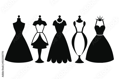Five Black Dress Silhouettes Displayed on Mannequins, Isolated Style and Fashion Illustration