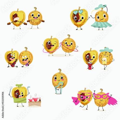 marula fruit cute funny cheerful characters. Vector hand drawn  illistration.
