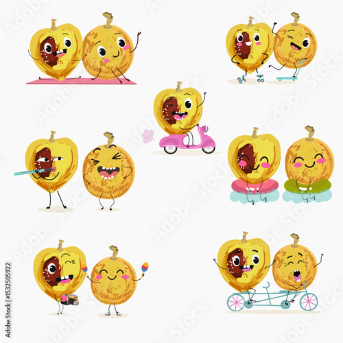 marula fruit cute funny cheerful characters. Vector hand drawn  illistration.