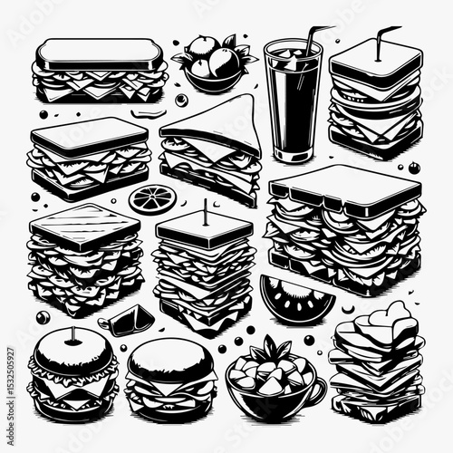 Minimalist black and white fast food vector set featuring detailed silhouettes of burgers, sandwiches, and beverages