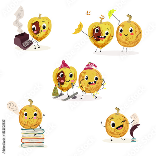 marula fruit cute funny cheerful characters. Vector hand drawn  illistration.
