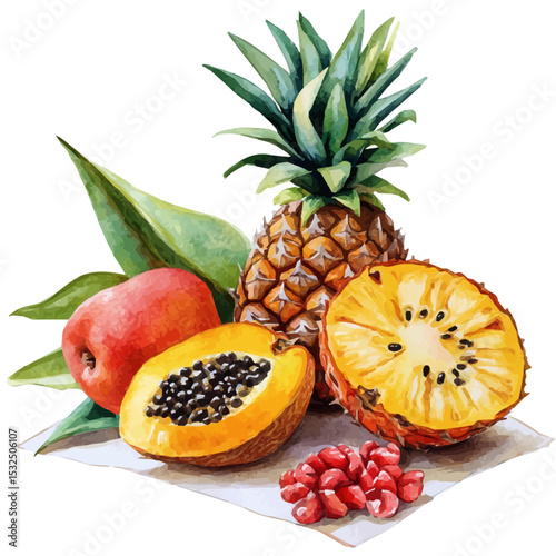 Beach Picnic Tropical Fruits, watercolor drawing vector, isolated on a white background.