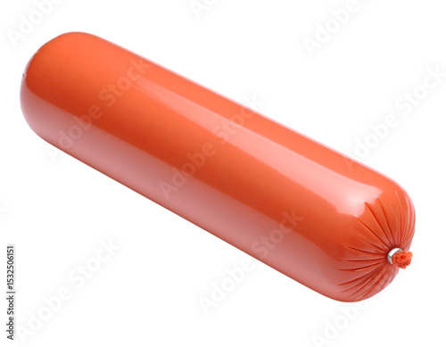 Cooked Sausage in Vacuum Packaging: A single, cylindrical cooked sausage, sealed in transparent vacuum packaging, ready for consumption or further culinary use. The sausage is a rich.