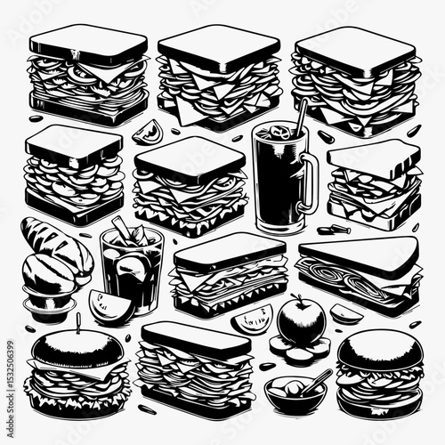 Modern fast food vector collection showcasing stylized black silhouettes of classic American takeout items