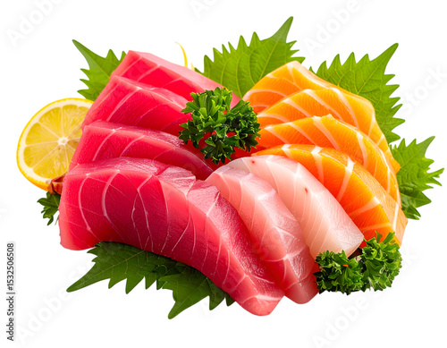 Sashimi Delight: A culinary masterpiece of vibrant fresh sashimi, artfully arranged with delicate garnishes, enticing the senses with its textures, colors, and flavors.