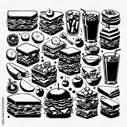 Essential fast food silhouette pack containing detailed vector illustrations of burgers, sandwiches and beverages