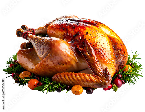 Thanksgiving Feast: A perfectly roasted turkey, golden-brown and glistening, rests on a decorative wreath of rosemary, cranberries, and kumquats, ready to grace the holiday table.