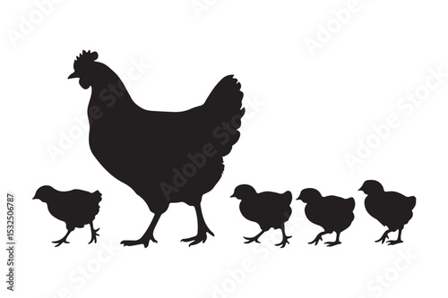 chicken and chicks icon silhouette vector illustration, chicken hen icon vector isolated on white background