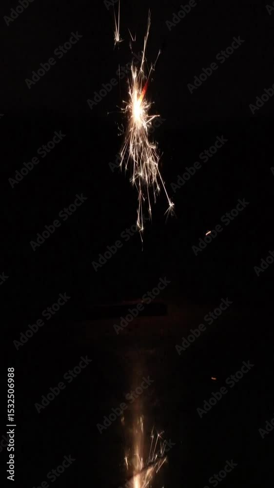 Primer plano de una bengala encendida y brillante en la oscuridad. Año Nuevo. Video vertical