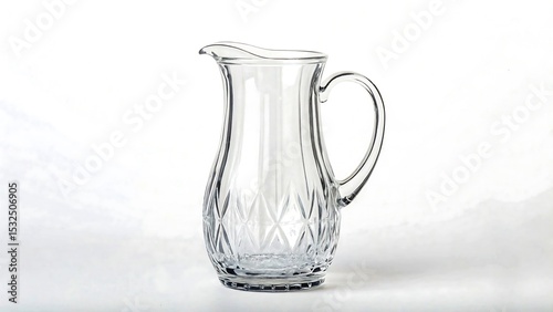 Elegant clear glass pitcher with handle and diamond-cut pattern, isolated on white background, classic water jug design
