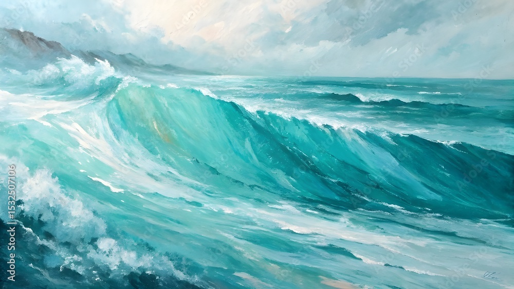Fototapeta premium Ocean Waves Crashing A Stunning Teal Seascape Painting, Captivating Turquoise Waters, Dramatic Coastal Scene, Powerful Nature Artwork