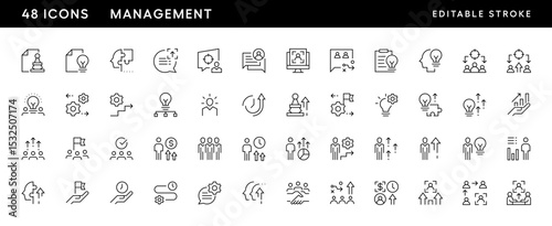 Management icon collection. Teamwork, collaboration, manager, headhunting, human resources, leadership, efficiency and more. Editable stroke. Pixel Perfect. Grid base 32 x 32.
