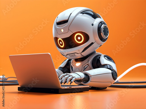 Cute humanoid robot using a laptop, ideal for AI, technology, and innovation-themed visuals. Generative AI