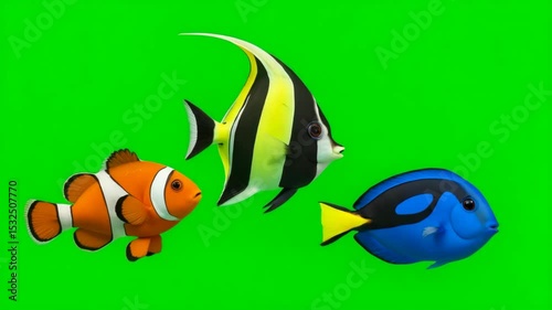 Trio Of Colorful Cartoon Fish Swimming On Green Chromakey Background For Ocean Animation Scenes