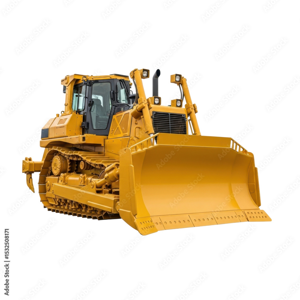 Fototapeta premium Yellow bulldozer on isolated black background - construction equipment transparent PNG