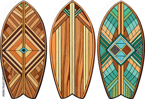 Tribal Bohemian Wooden Surfboards with Geometric Patterns Isolated on White