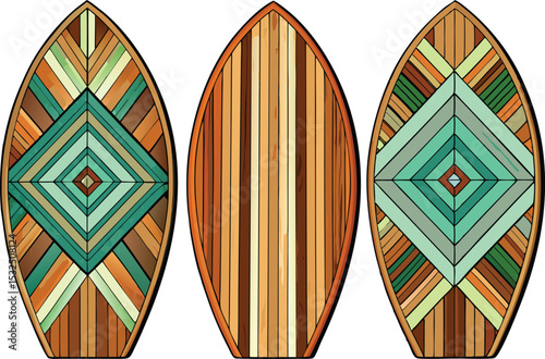 Tribal Bohemian Wooden Surfboards with Geometric Patterns Isolated on White