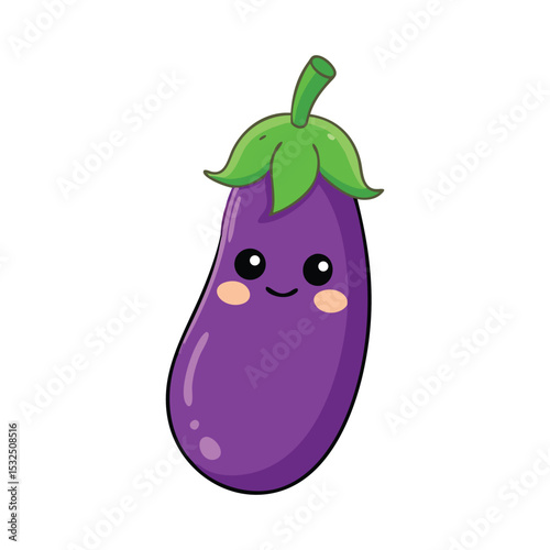 Cute Cartoon Eggplant Character with Big Eyes and Smiling Expression