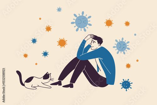 Man feeling anxious surrounded by viruses cat comfort