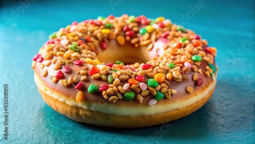 A colorful donut with a variety of toppings such as sprinkles, glaze, and chopped nuts , colourful donuts