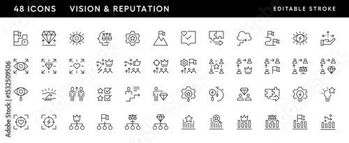 Core values outline icon collection. Reputation, collaboration, success, competence, vision, creativity, excellence, consistency and more. Editable stroke. Pixel Perfect. Grid base 32 x 32.