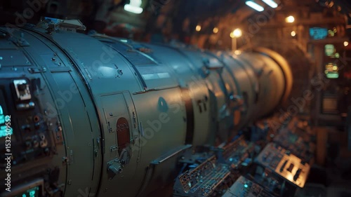 Interior of a Futuristic Spaceship or Submarine: Detailed Control Panels, Cylindrical Structure, and Complex Machinery, Sci-Fi Ambiance