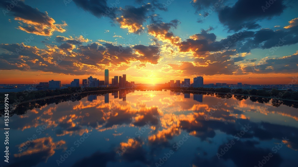 Naklejka premium City skyline sunset reflection tranquil lake. Possible use stock photo